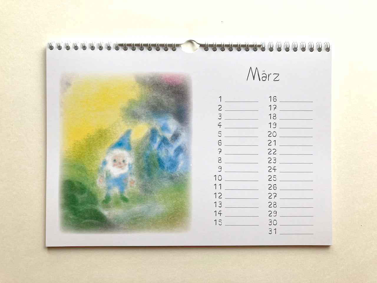 Immerwährender Zwergenkalender, März in Seccorell-Technik von Andrea Reiß