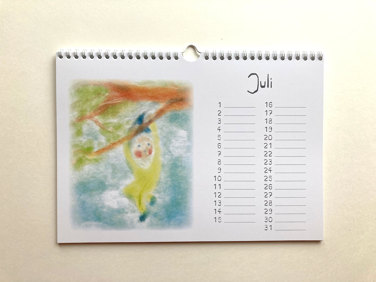 Immerwährender Zwergenkalender, Juli in Seccorell-Technik von Andrea Reiß