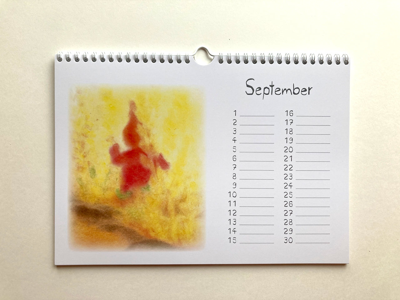 Immerwährender Zwergenkalender, September in Seccorell-Technik von Andrea Reiß