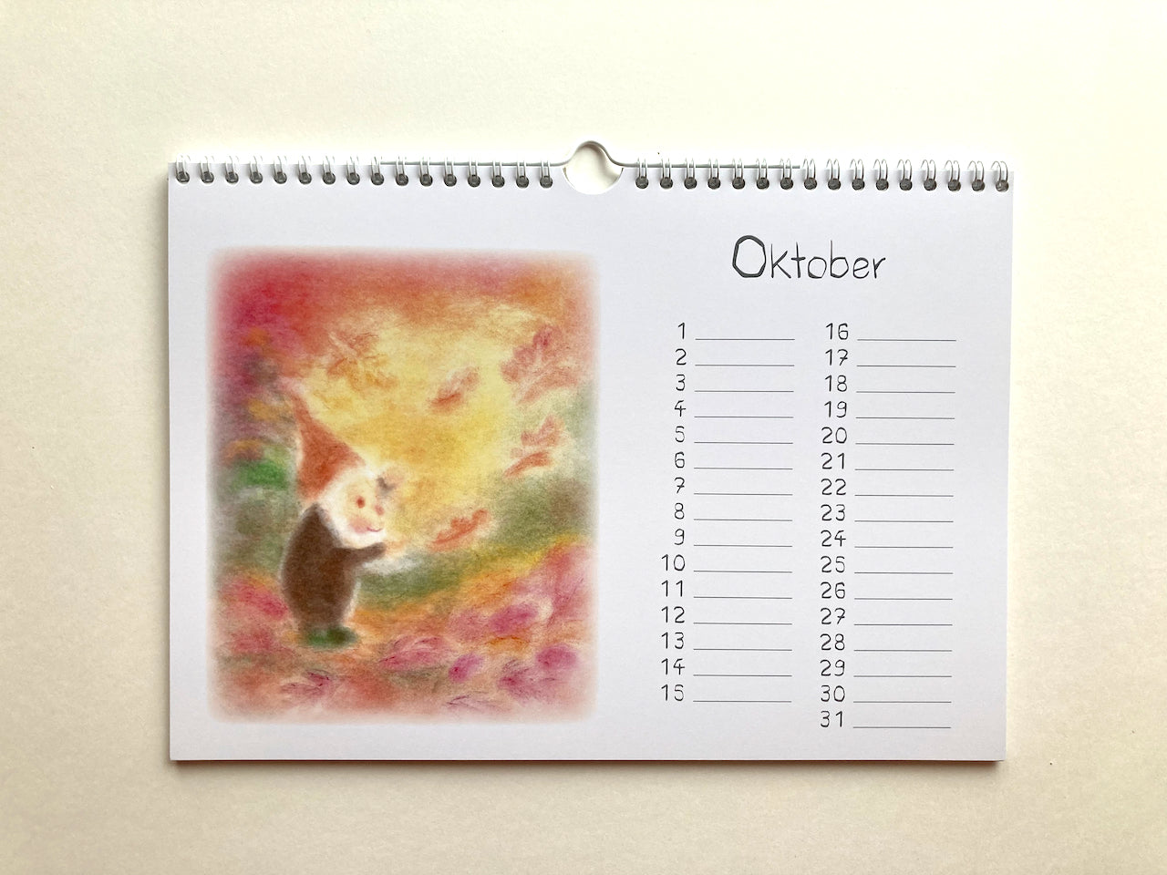 Immerwährender Zwergenkalender, Oktober in Seccorell-Technik von Andrea Reiß