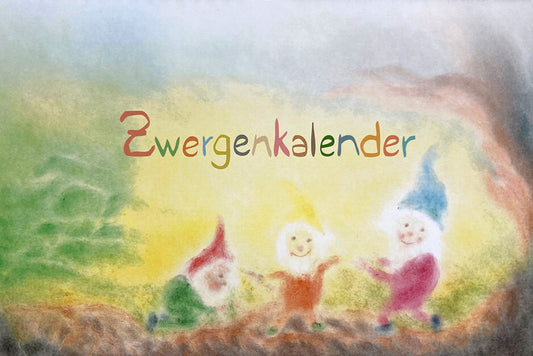 Immerwährender Zwergenkalender in Seccorell Technik, mit fröhlichen Zwergen in einem farbenfrohen Design, ideal für Kinderzimmer und als Geschenk. Monatliche Motive, kunstvoll und farbenfroh.